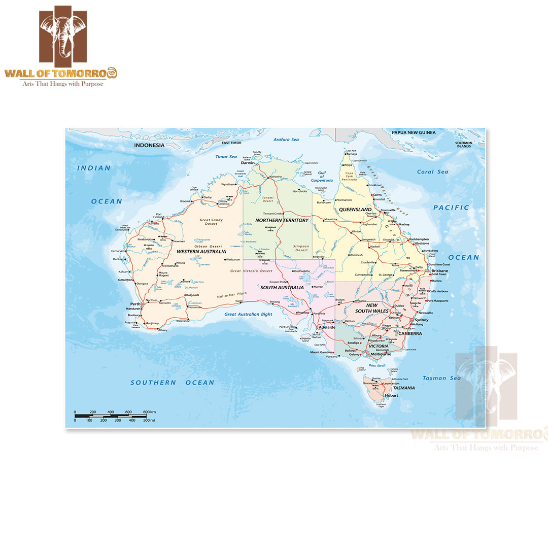 Australian Continent Detail Map Educational High Quality Unframed Poster Print & Waterproof Poster Print Wall Décor