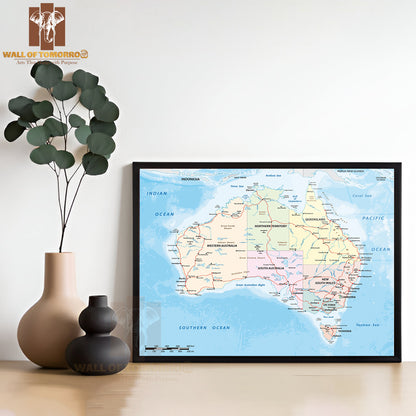 Australian Continent Detail Map Educational High Quality Glass Frame Wall Décor