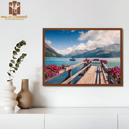 Wooden Pier on the Sils Lake with Yacht High Quality Unframed Poster Print & Waterproof Poster Print Wall Décor