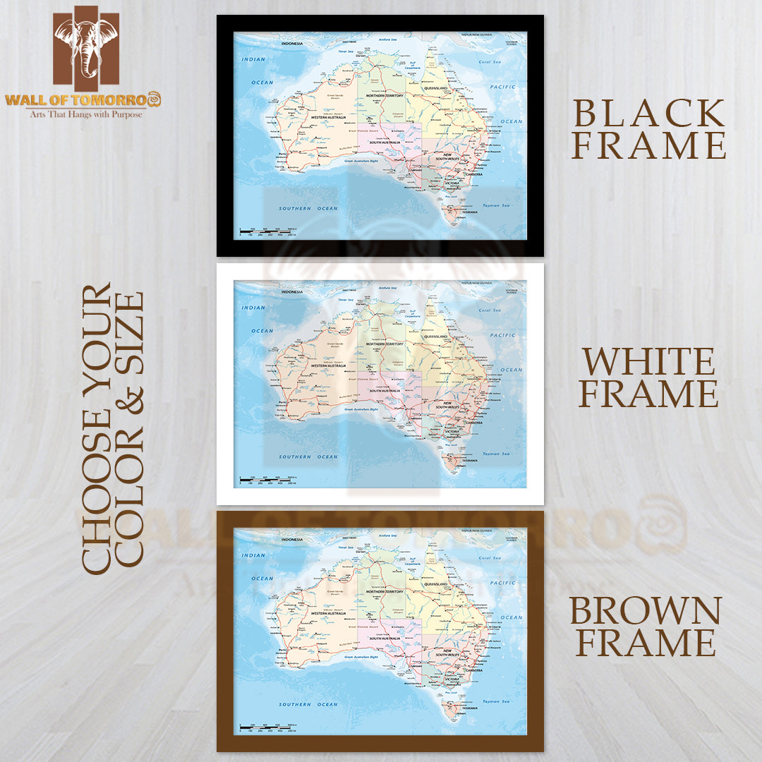 Australian Continent Detail Map Educational High Quality Glass Frame Wall Décor
