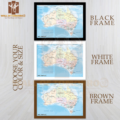 Australian Continent Detail Map Educational High Quality Glass Frame Wall Décor