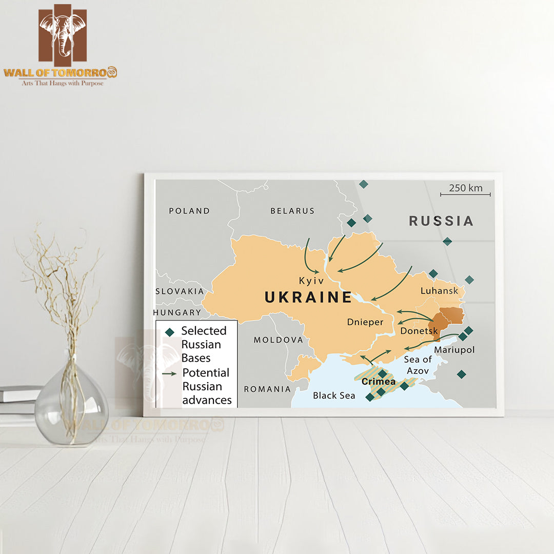 Russia & The US In Ukraine and The Middle East Map Educational High Quality Glass Frame Wall Décor