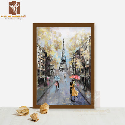 Couple Under an Umbrella on Street Eiffel Tower High Quality Glass Frame Wall Décor