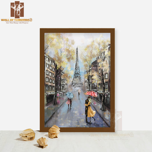 Couple Under an Umbrella on Street Eiffel Tower High Quality Glass Frame Wall Décor