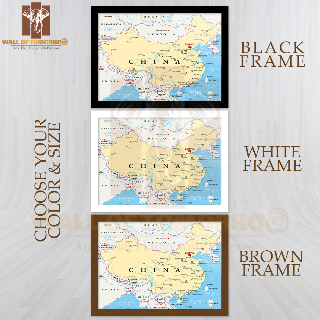 China Political Map with Capital Beijing Educational High Quality Glass Frame Wall Décor