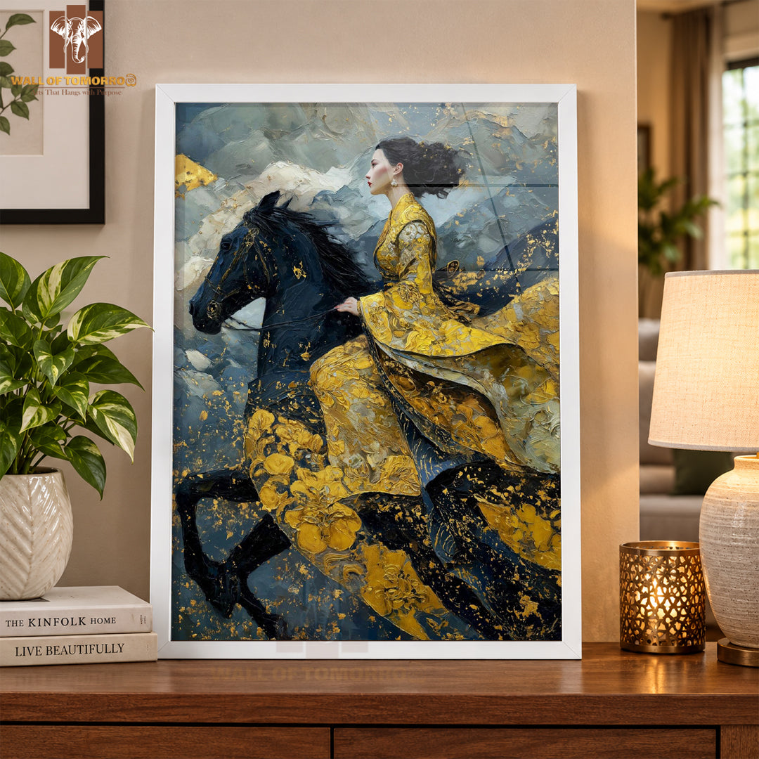 Black Horse with Lady Painting Animals High Quality Glass Frame Wall Décor in Sri Lanka