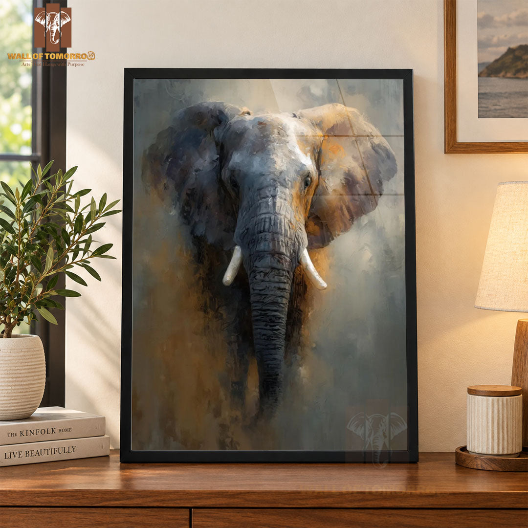 Painterly Frontal Portrait of a Majestic Elephant Animals High Quality Glass Frame Wall Décor in Sri Lanka