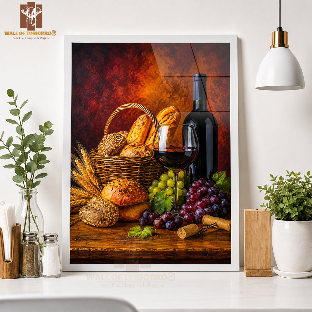Bread & Wine on Table Kitchen & Restaurant High Quality Glass Frame Wall Décors in Sri Lanka