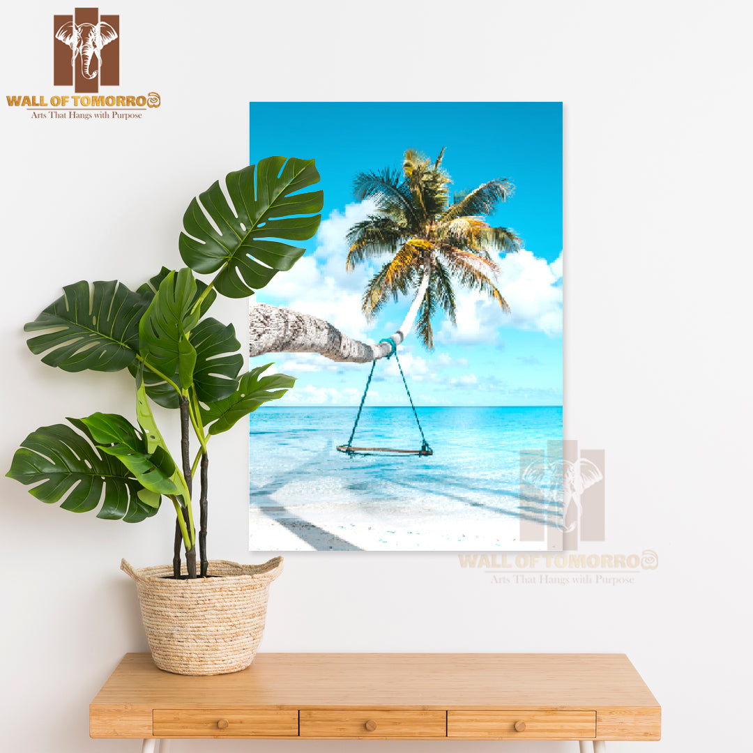 Swing Hanging from A Palm Tree at Beach High Quality Unframed Poster Print & Waterproof Poster Print Wall Décor