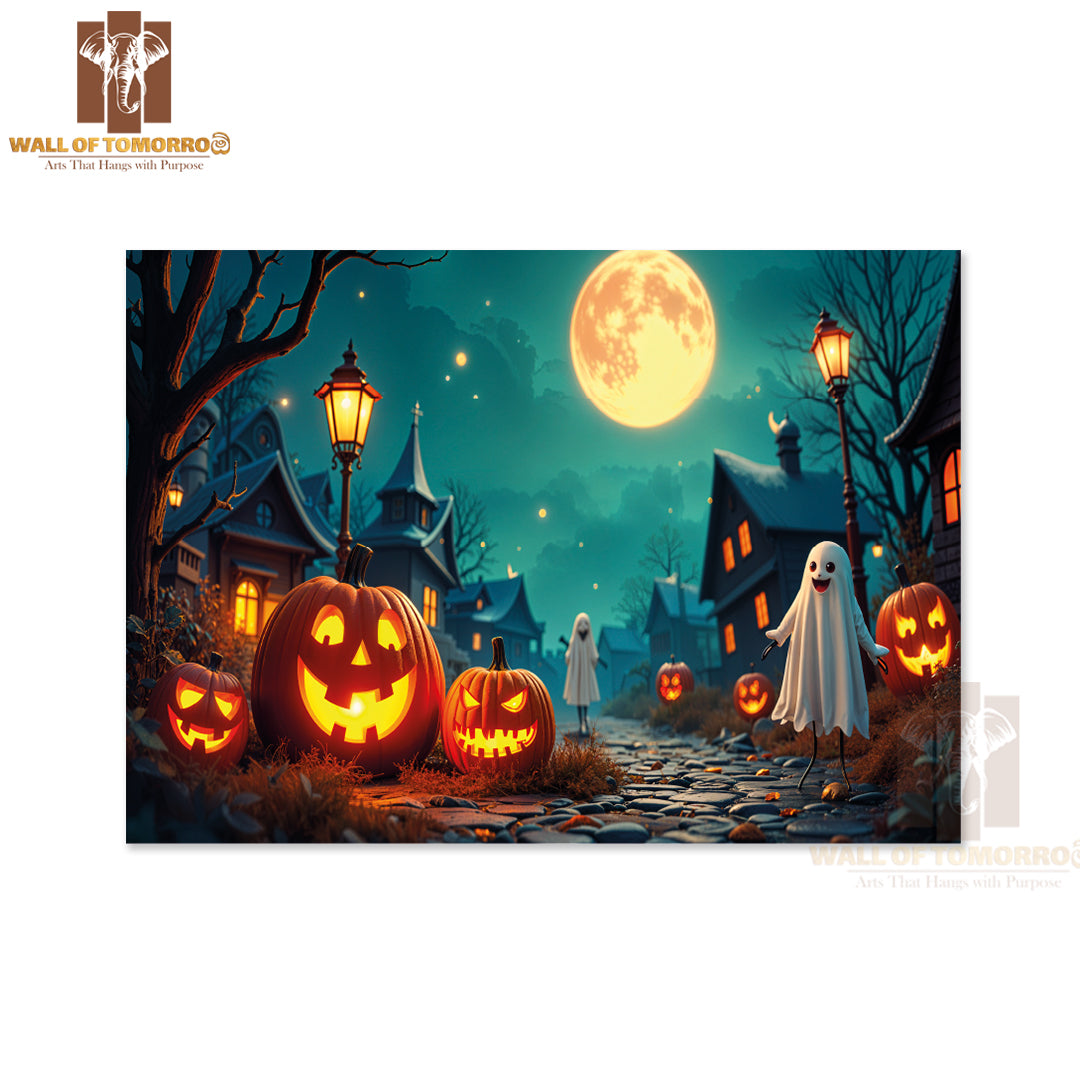A Moonlit Halloween Scene with Glowing Jack-O'-Lanterns High Quality Unframed Poster Print & Waterproof Poster Print Wall Décor