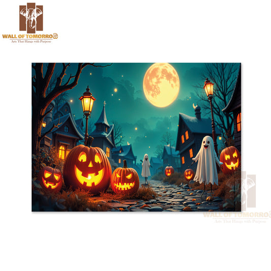 A Moonlit Halloween Scene with Glowing Jack-O'-Lanterns High Quality Unframed Poster Print & Waterproof Poster Print Wall Décor