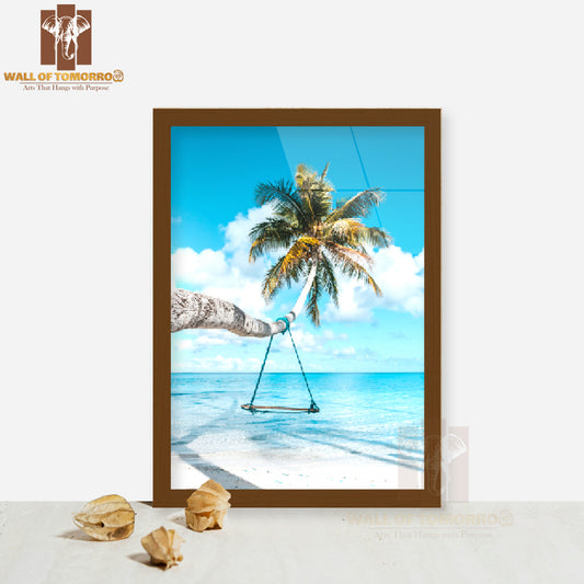Swing Hanging from A Palm Tree at Beach High Quality Glass Frame Wall Décor