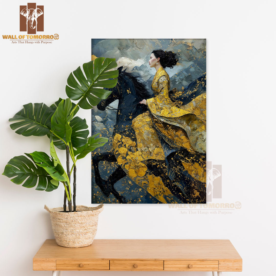 Black Horse with Lady Painting Animals High Quality Unframed Poster Print & Laminated Poster Print Wall Décor in Sri Lanka