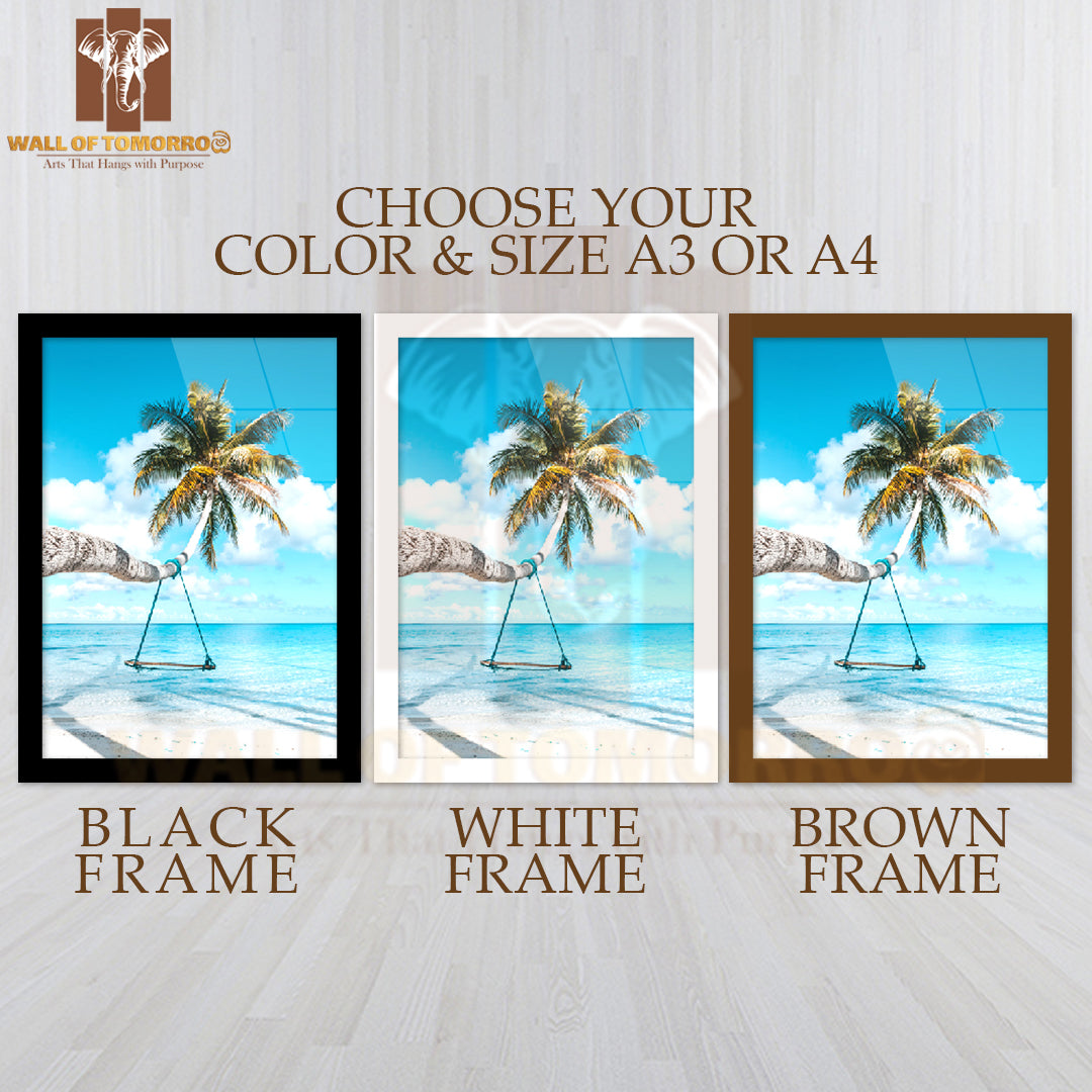 Swing Hanging from A Palm Tree at Beach High Quality Glass Frame Wall Décor