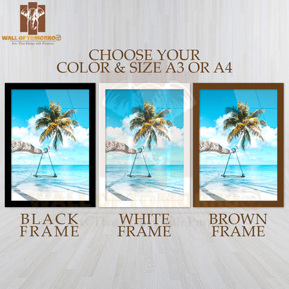 Swing Hanging from A Palm Tree at Beach High Quality Glass Frame Wall Décor