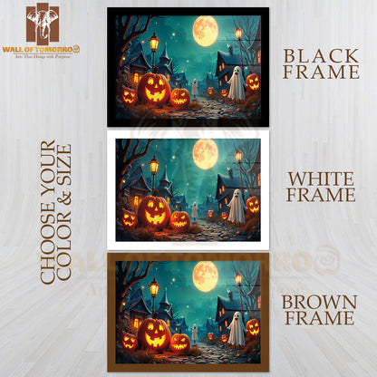 A Moonlit Halloween Scene with Glowing Jack-O'-Lanterns High Quality Glass Frame Wall Décor