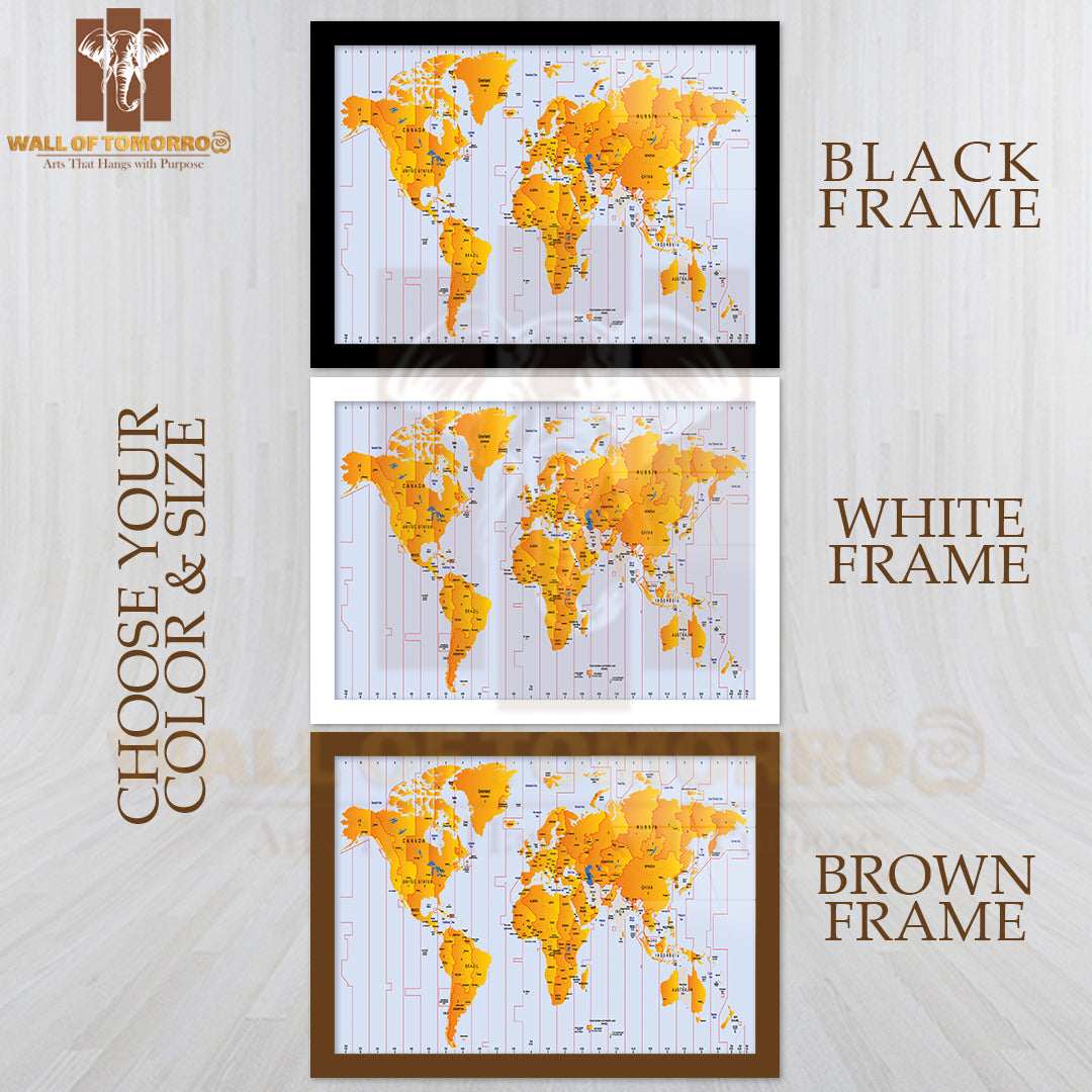Time zone Map Educational High Quality Glass Frame Wall Décor