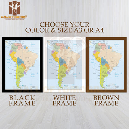 South America Highly Detailed Map Educational High Quality Glass Frame Wall Décor