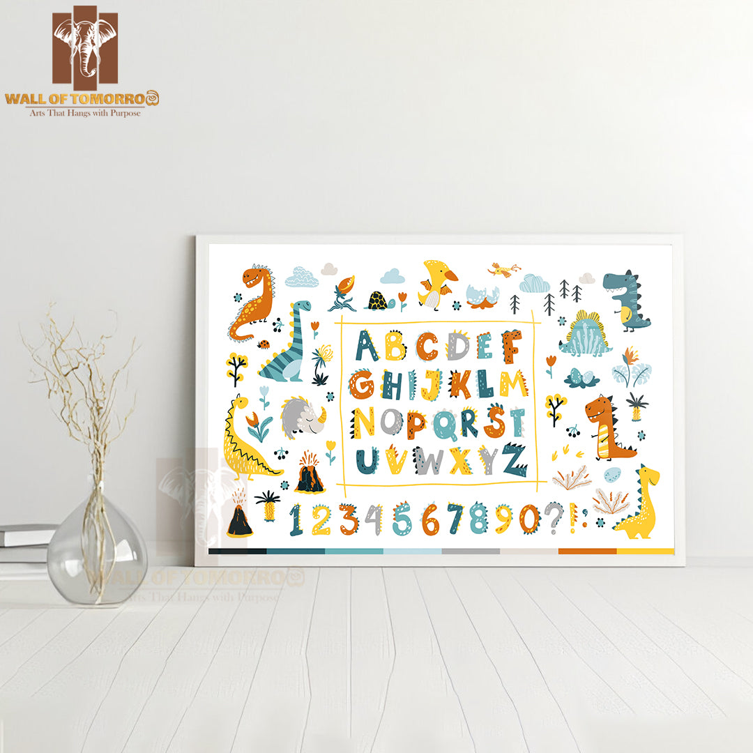 Dino Collection with Alphabet and Numbers Educational High Quality Glass Frame Wall Décor