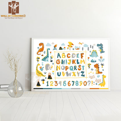 Dino Collection with Alphabet and Numbers Educational High Quality Glass Frame Wall Décor