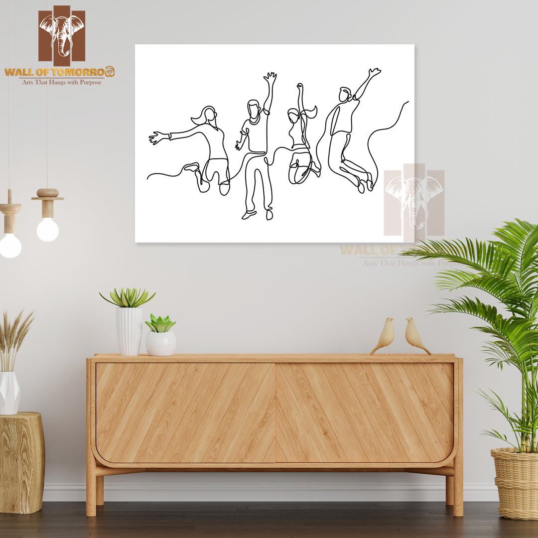 Line Drawing of Four Jumping Happy Team Members High Quality Unframed Poster Print & Waterproof Poster Print Wall Décor