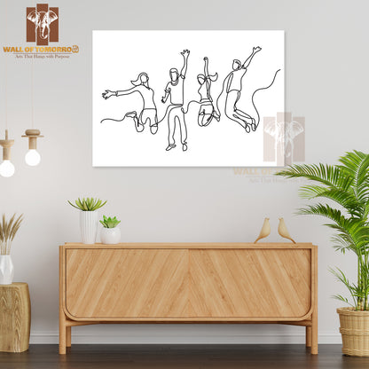 Line Drawing of Four Jumping Happy Team Members High Quality Unframed Poster Print & Waterproof Poster Print Wall Décor