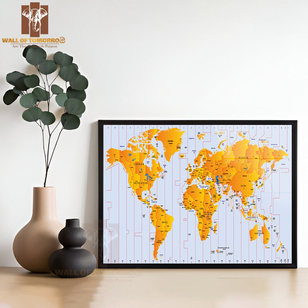 Time zone Map Educational High Quality Glass Frame Wall Décor