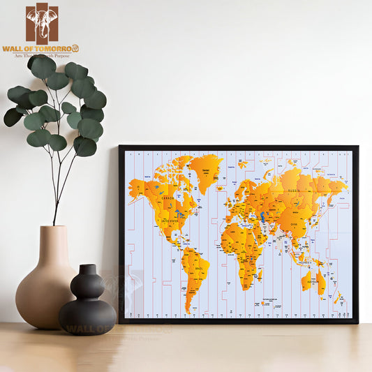 Time zone Map Educational High Quality Glass Frame Wall Décor