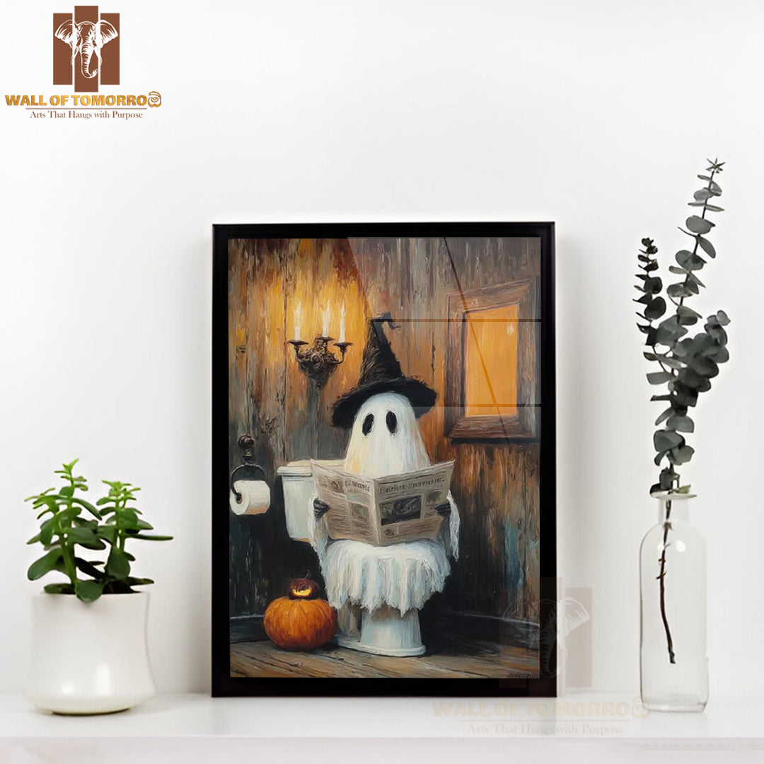 Cute Ghost on the Toilet Funny Halloween High Quality Glass Frame Wall Décor
