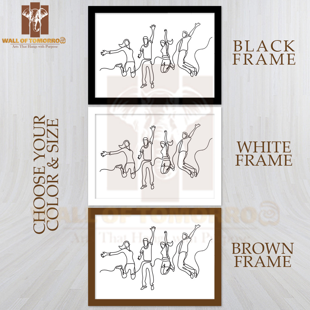 Line Drawing of Four Jumping Happy Team Members High Quality Glass Frame Wall Décor