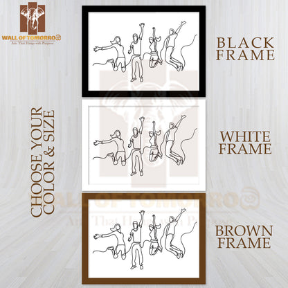 Line Drawing of Four Jumping Happy Team Members High Quality Glass Frame Wall Décor