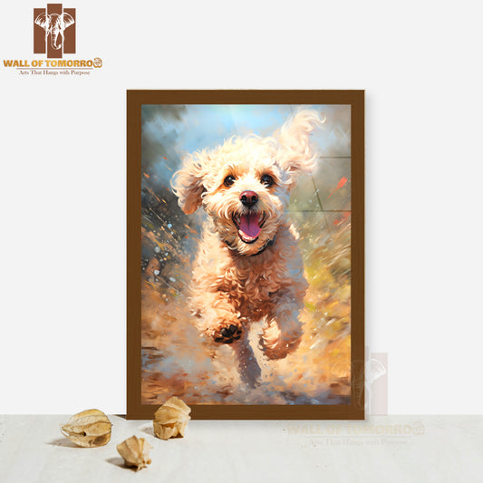 Painting Of a Dog Running in The Sand High Quality Glass Frame Wall Décor