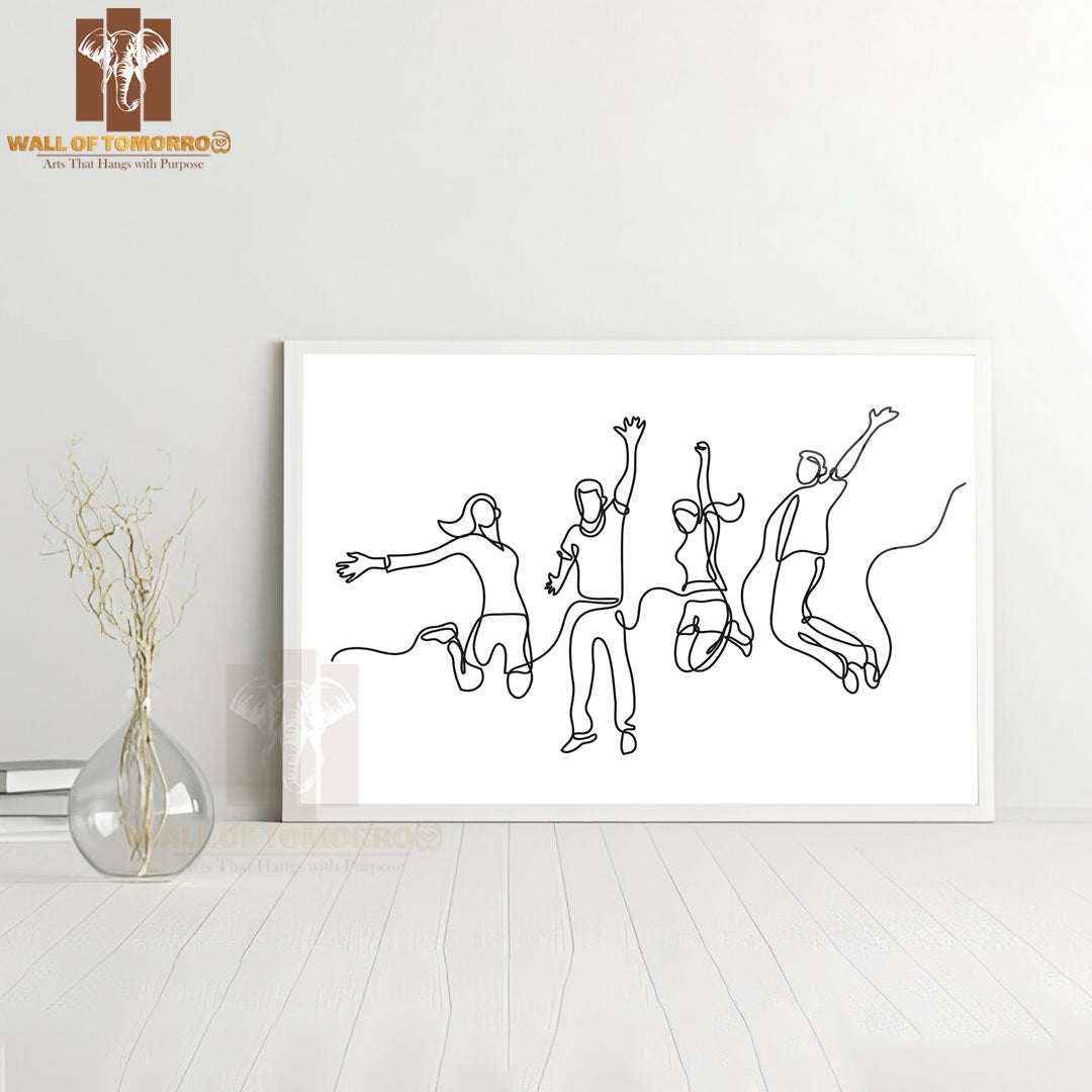 Line Drawing of Four Jumping Happy Team Members High Quality Glass Frame Wall Décor