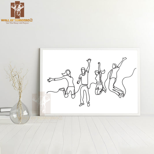 Line Drawing of Four Jumping Happy Team Members High Quality Glass Frame Wall Décor
