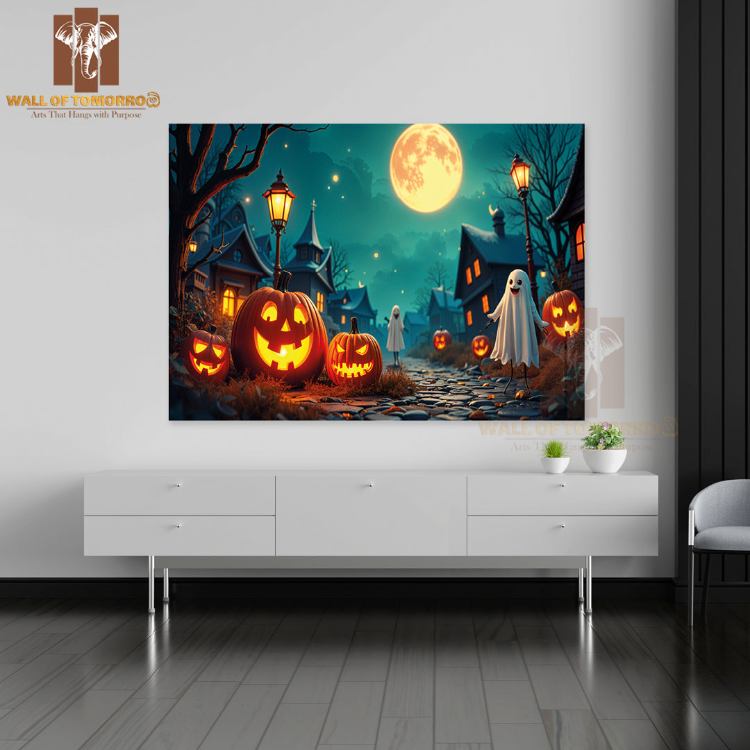 A Moonlit Halloween Scene with Glowing Jack-O'-Lanterns High Quality Unframed Poster Print & Waterproof Poster Print Wall Décor