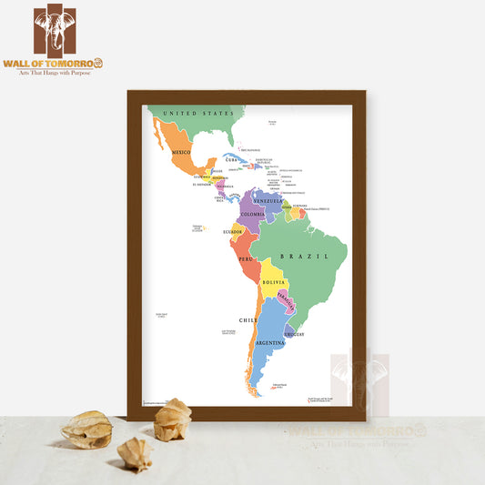 Latin America Single States Political Map Educational High Quality Glass Frame Wall Décor