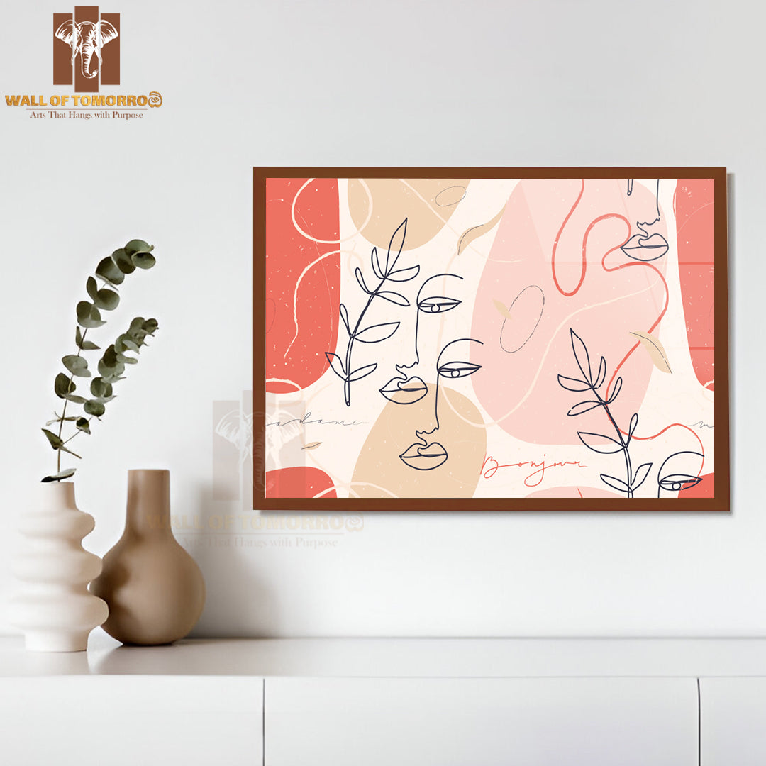 A Drawing of a Face with Leaves and A Plant High Quality Glass Frame Wall Décor
