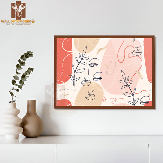 A Drawing of a Face with Leaves and A Plant High Quality Glass Frame Wall Décor