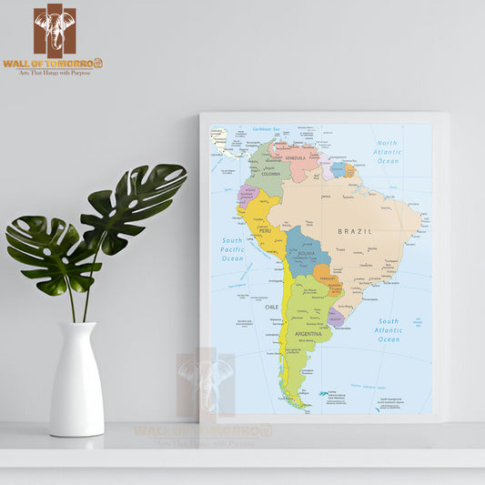 South America Highly Detailed Map Educational High Quality Glass Frame Wall Décor