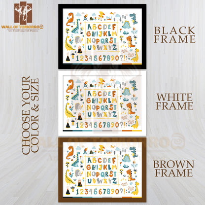 Dino Collection with Alphabet and Numbers Educational High Quality Glass Frame Wall Décor