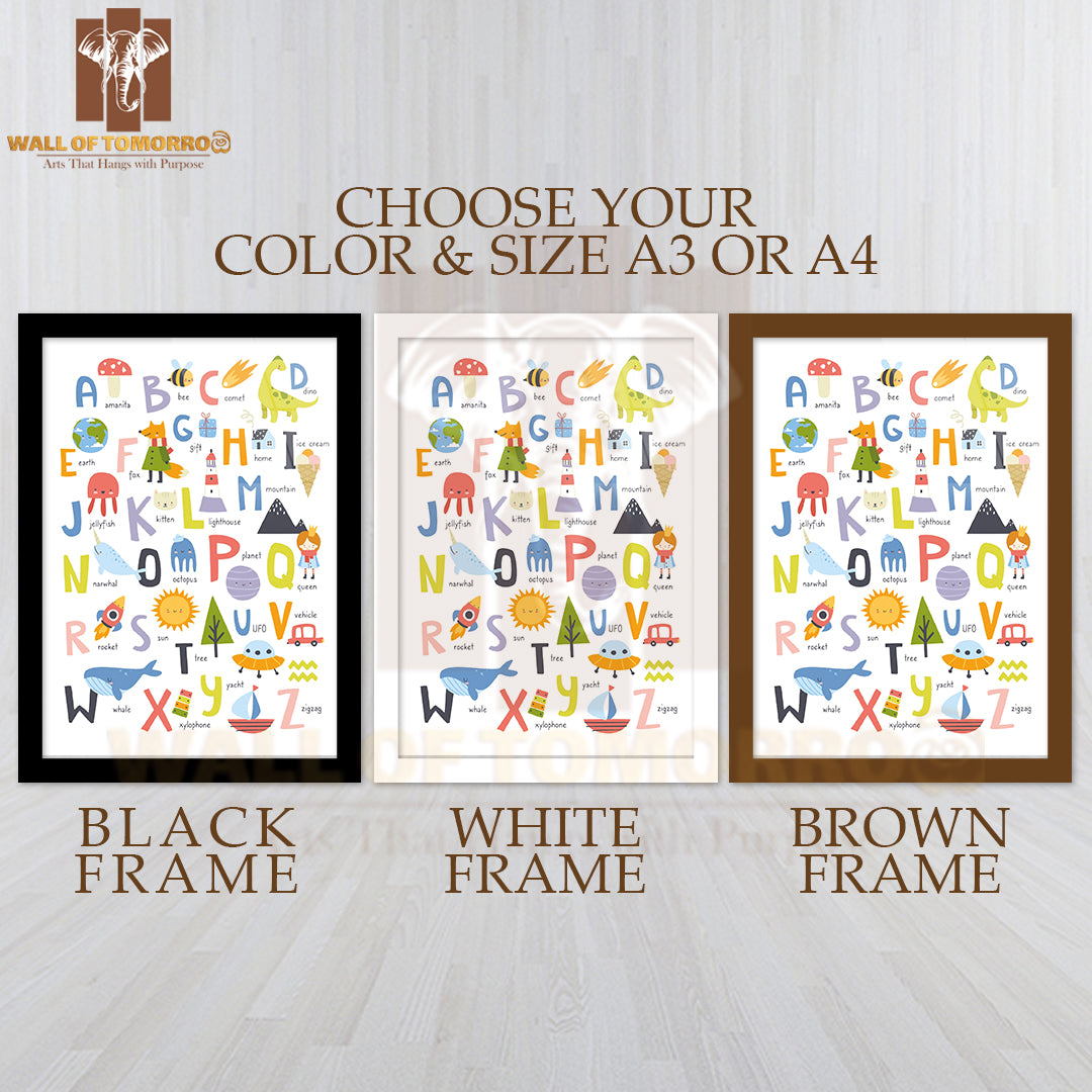 Cute English Alphabet for Kids with Doodle Educational High Quality Glass Frame Wall Décor