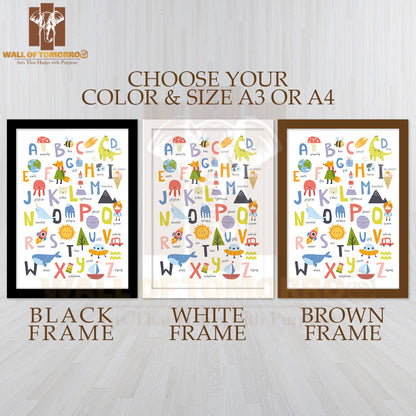 Cute English Alphabet for Kids with Doodle Educational High Quality Glass Frame Wall Décor