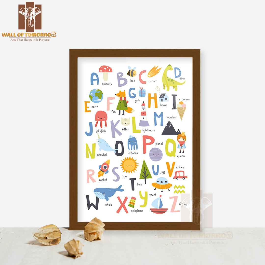 Cute English Alphabet for Kids with Doodle Educational High Quality Glass Frame Wall Décor