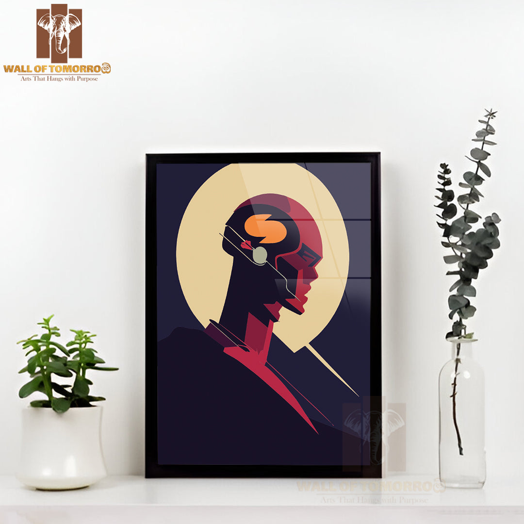 Robot Head with a Visible Brain, Symbolizing the Fusion of Technology and Intelligence High Quality Glass Frame Wall Décors in Sri Lanka