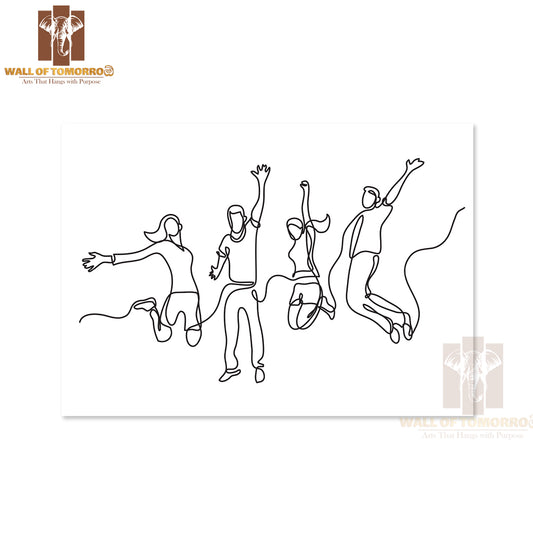 Line Drawing of Four Jumping Happy Team Members High Quality Unframed Poster Print & Waterproof Poster Print Wall Décor