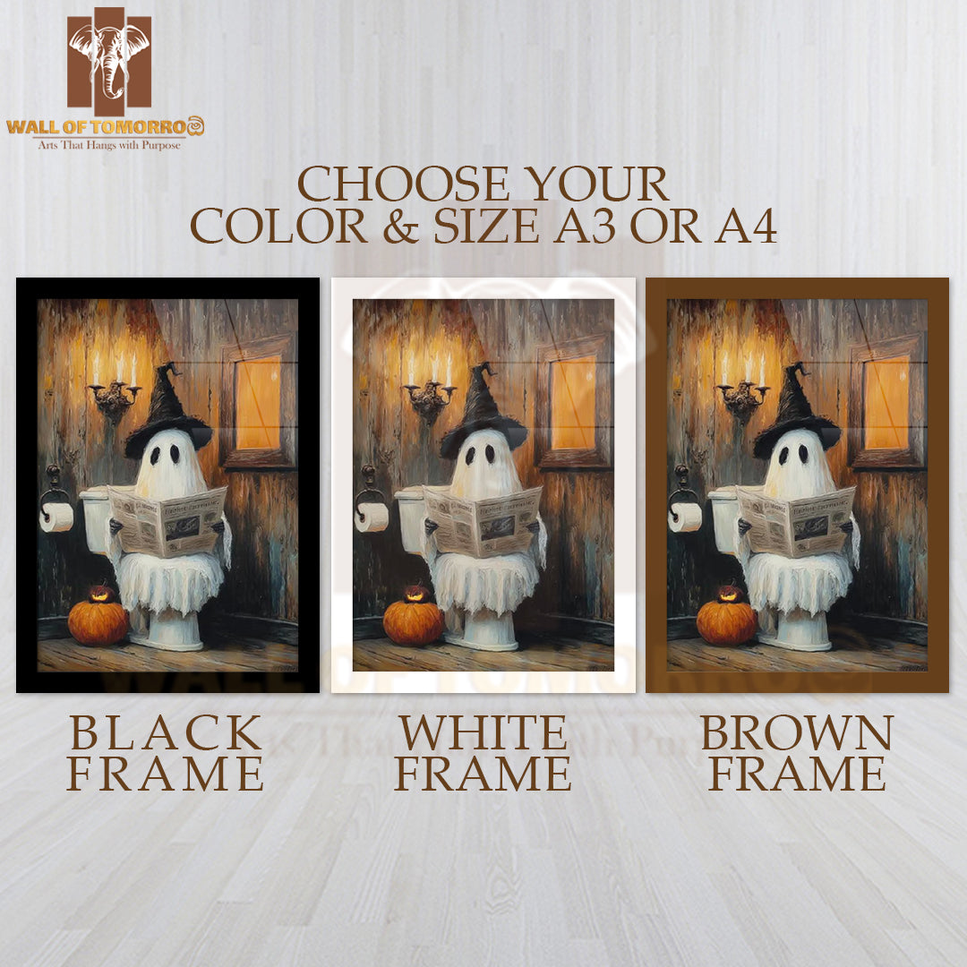 Cute Ghost on the Toilet Funny Halloween High Quality Glass Frame Wall Décor