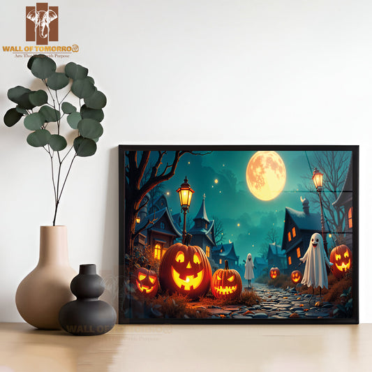 A Moonlit Halloween Scene with Glowing Jack-O'-Lanterns High Quality Glass Frame Wall Décor