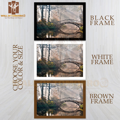 Old Bridge in Autumn Misty Park High Quality Glass Frame Wall Décor