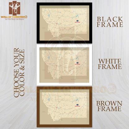 Road Map of Montana Educational High Quality Glass Frame Wall Décor
