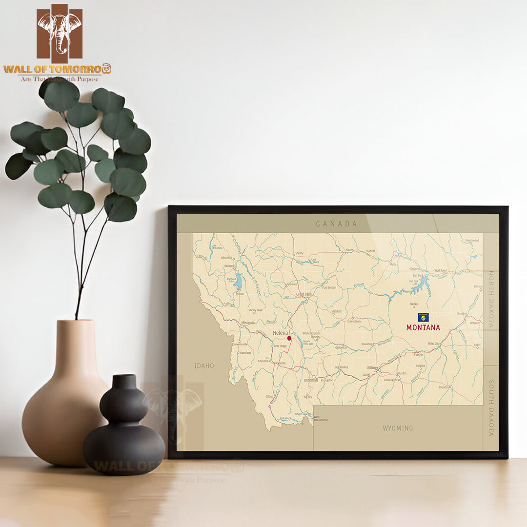 Road Map of Montana Educational High Quality Glass Frame Wall Décor
